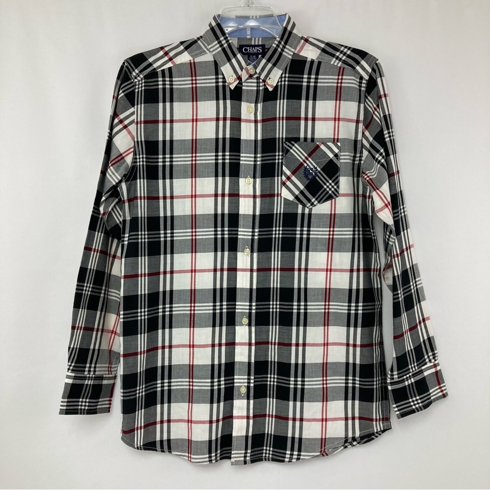 NWOT Chaps Black White Red Plaid Button Up Shirt Boys Size Large 14-16